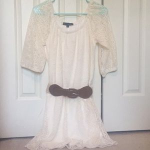 Cream Quarter Sleeve Lace Dress with Belt